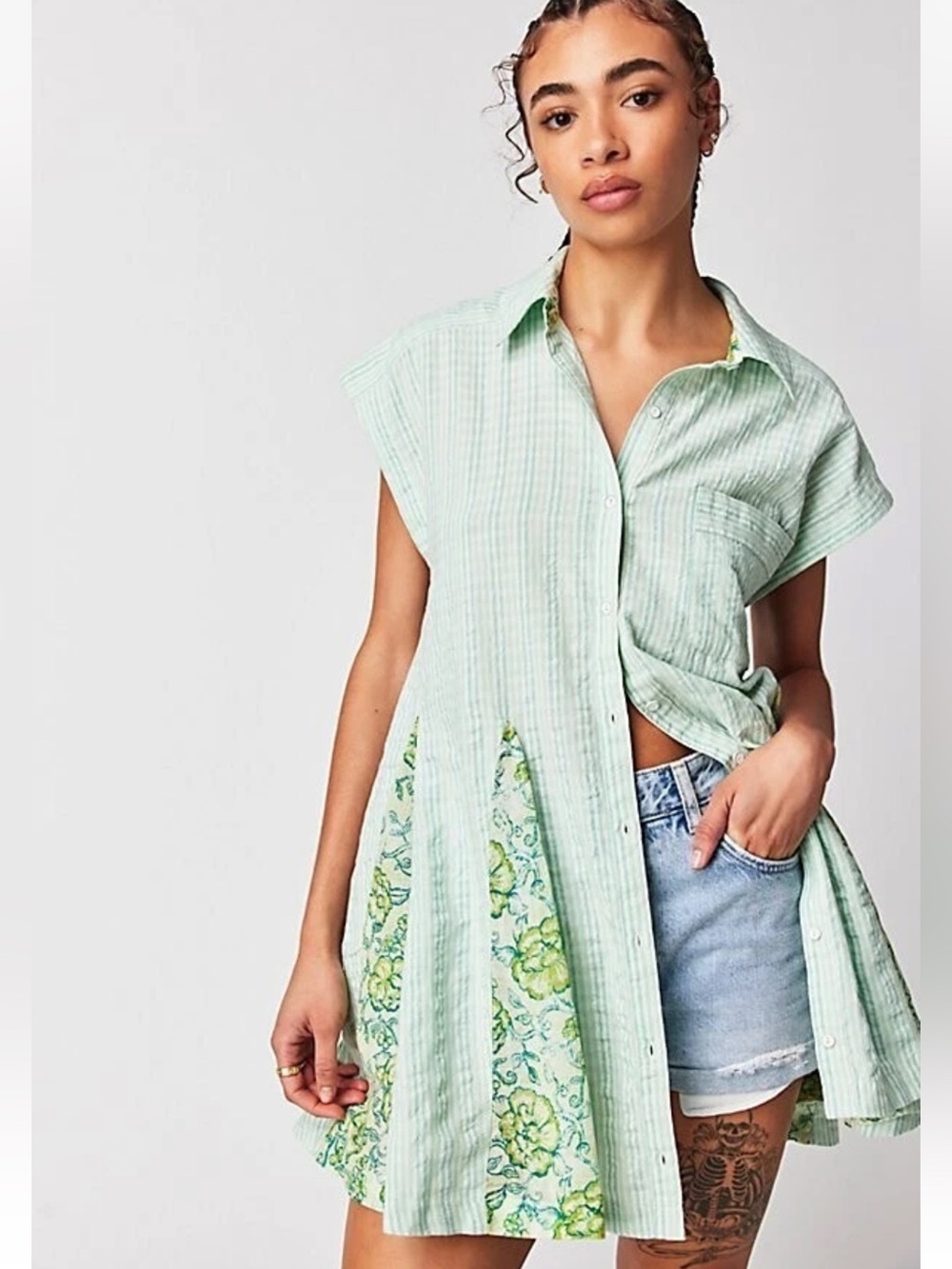 Free People Womens Striped Button-Front Tunic Mini Dress with Floral Panels